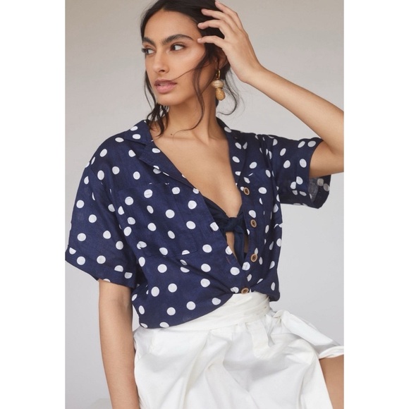 Anthropologie Maeve Top Women’s Buttondown Surf 100% Linen Navy Dot Shirt Sz XS - Picture 1 of 12